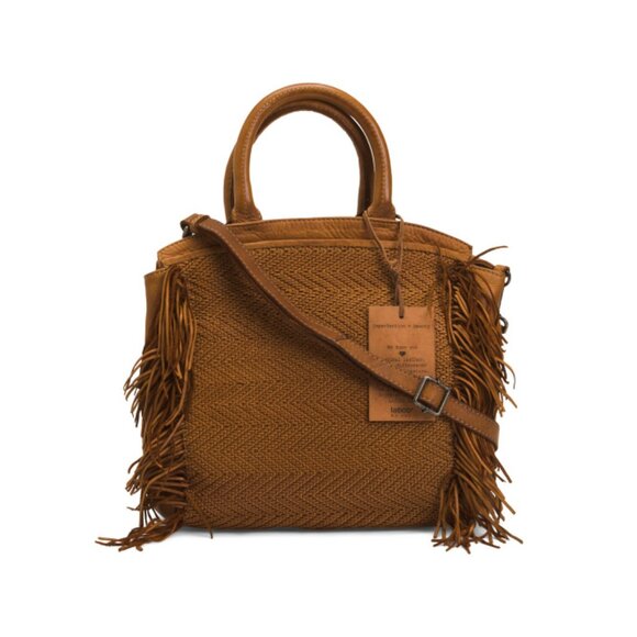 LATICO Cognac Leather Convertible Fringe Tote